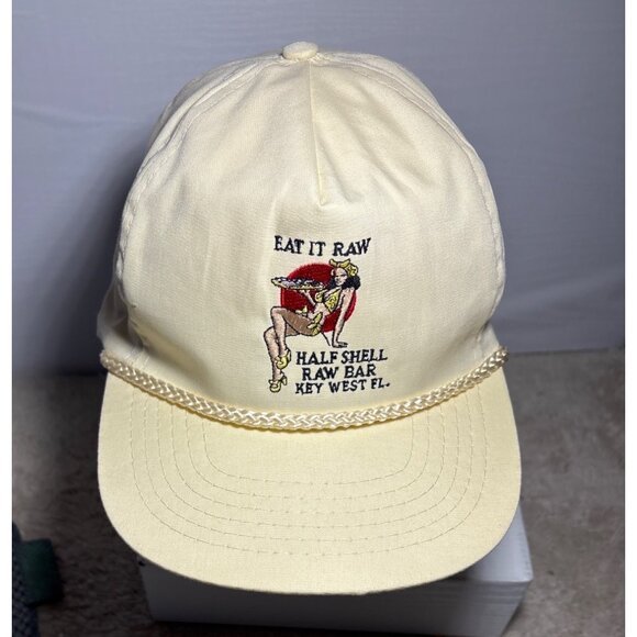 Vintage Half Shell Raw Bar Key West FL Cap W/ Chain Strap Adjustable Eat It Raw - Picture 2 of 9